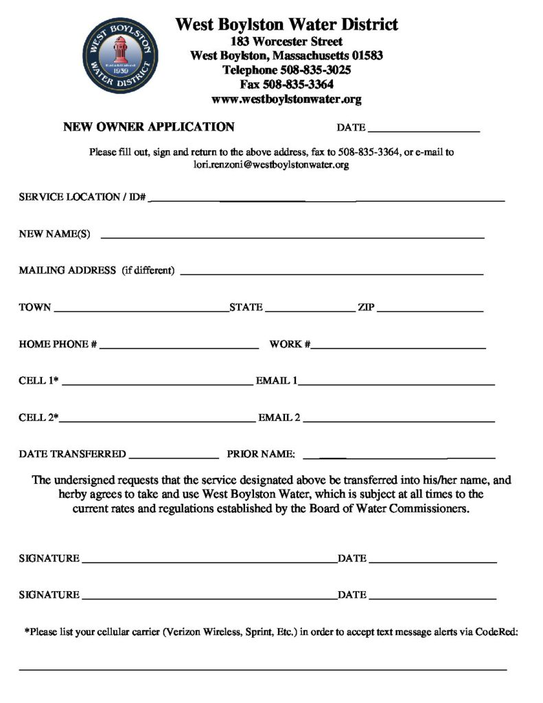New Owner Application West Boylston Water District