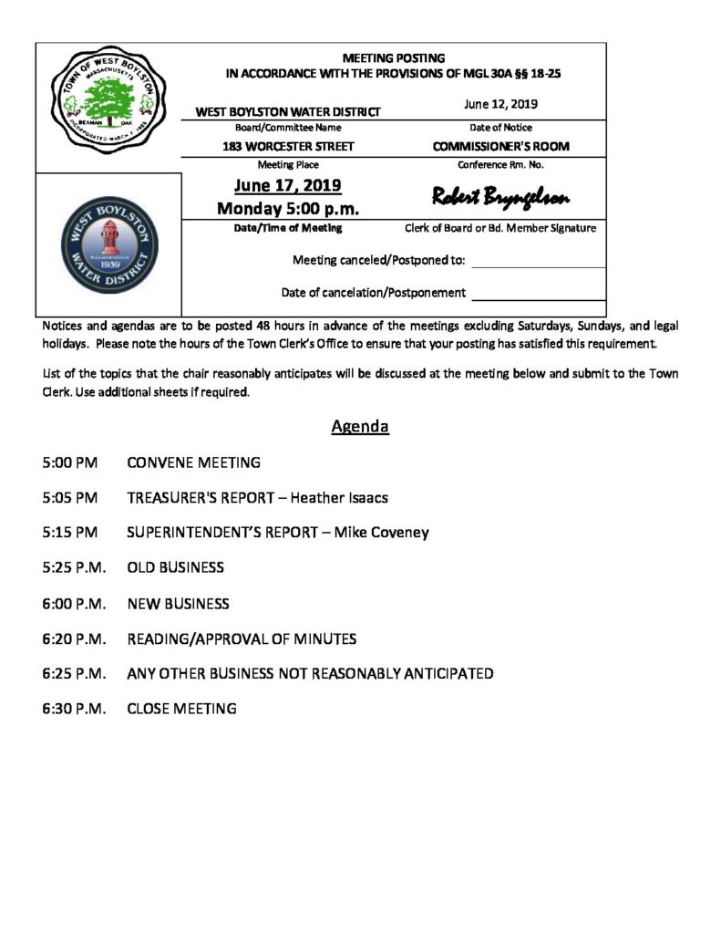 June 17 2019 West Boylston Water District