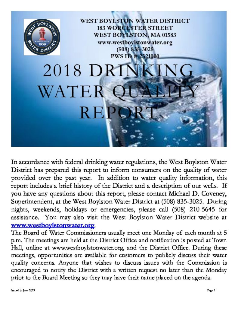 2018 DRINKING Water Quality REPORT West Boylston Water District